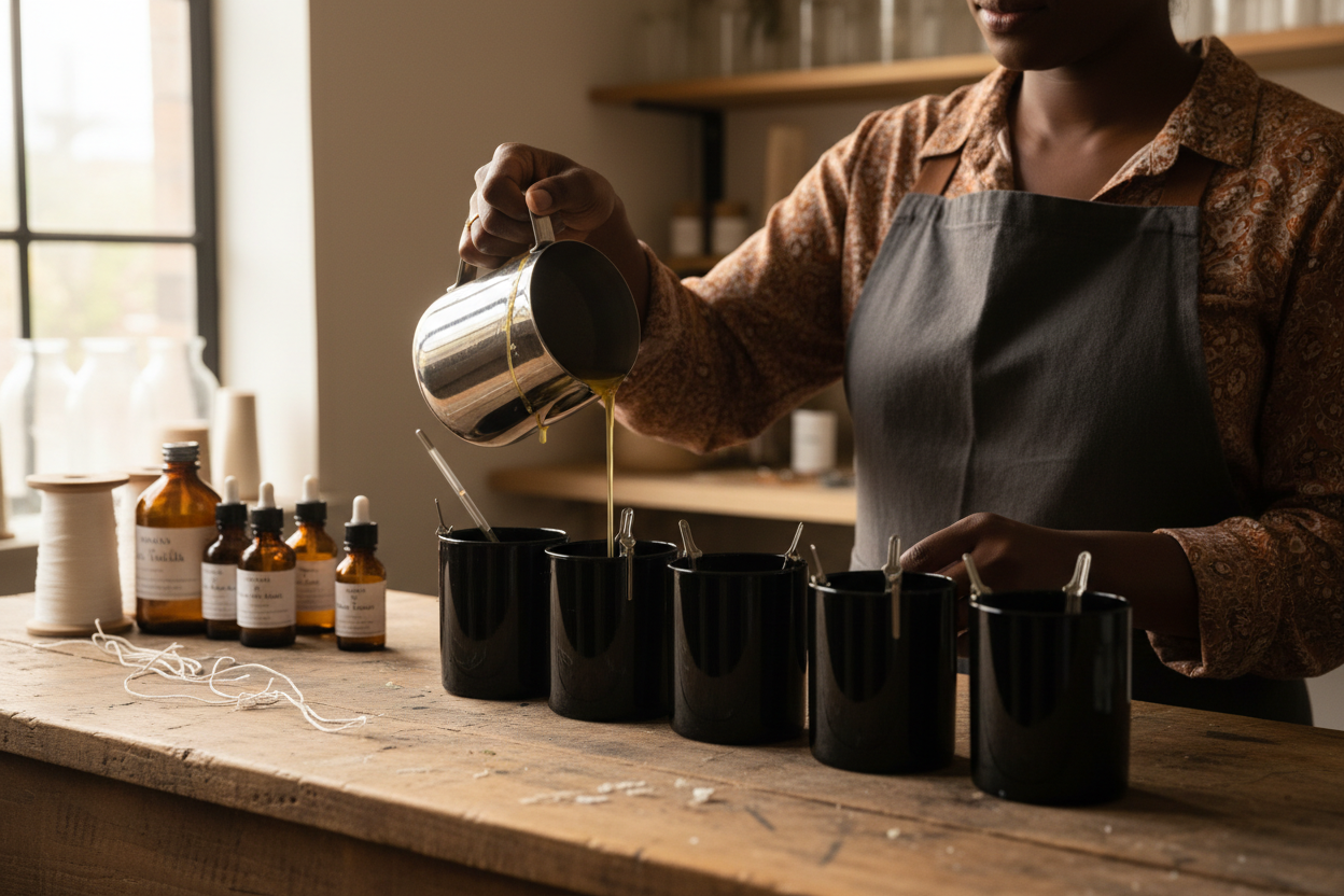candle making with black jars with black hands of a woman